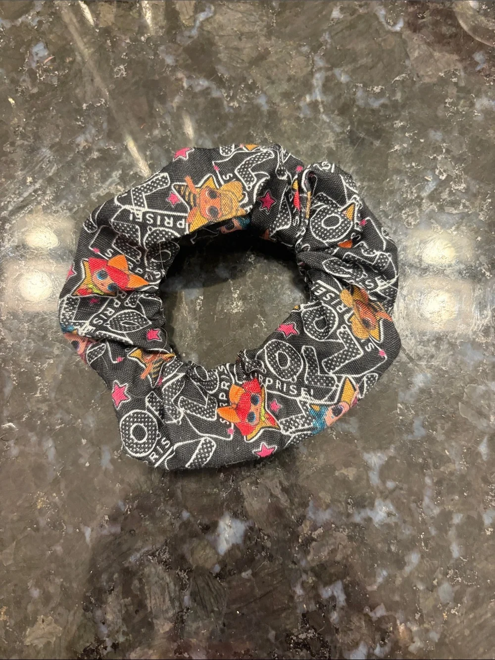 Kids Black Patterned Hair Scrunchie with Colorful Stars and Characters